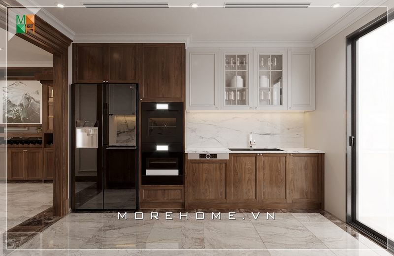 Mẫu tủ bếp gỗ óc chó hiện đại, sang trọng phù hợp với mọi không gian chung cư, biệt thự cao cấp