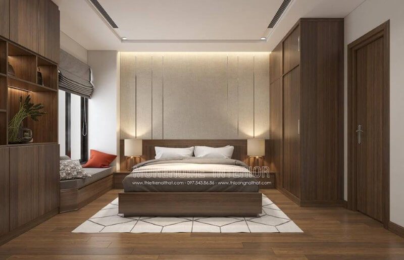 Phòng ngủ cũng được thiết kế đơn giản không quá cầu kì với chất liệu gỗ Veneer cao cấp với những đường vân thật và màu sắc ấm cúng