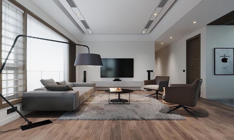 Thiết kế nội thất sofa phòng khách bọc nỉ với gam màu trầm sang trọng