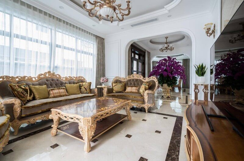 Công trình thi công nội thất phòng khách cổ điển cao cấp với sự sang trọng tại biệt thự Vinhomes Imperia Hải Phòng.