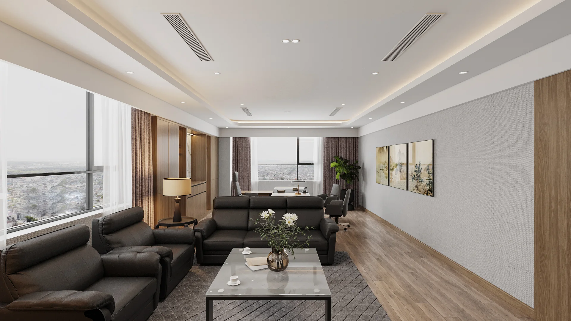 Sofa da tối màu trong văn phòng rộng