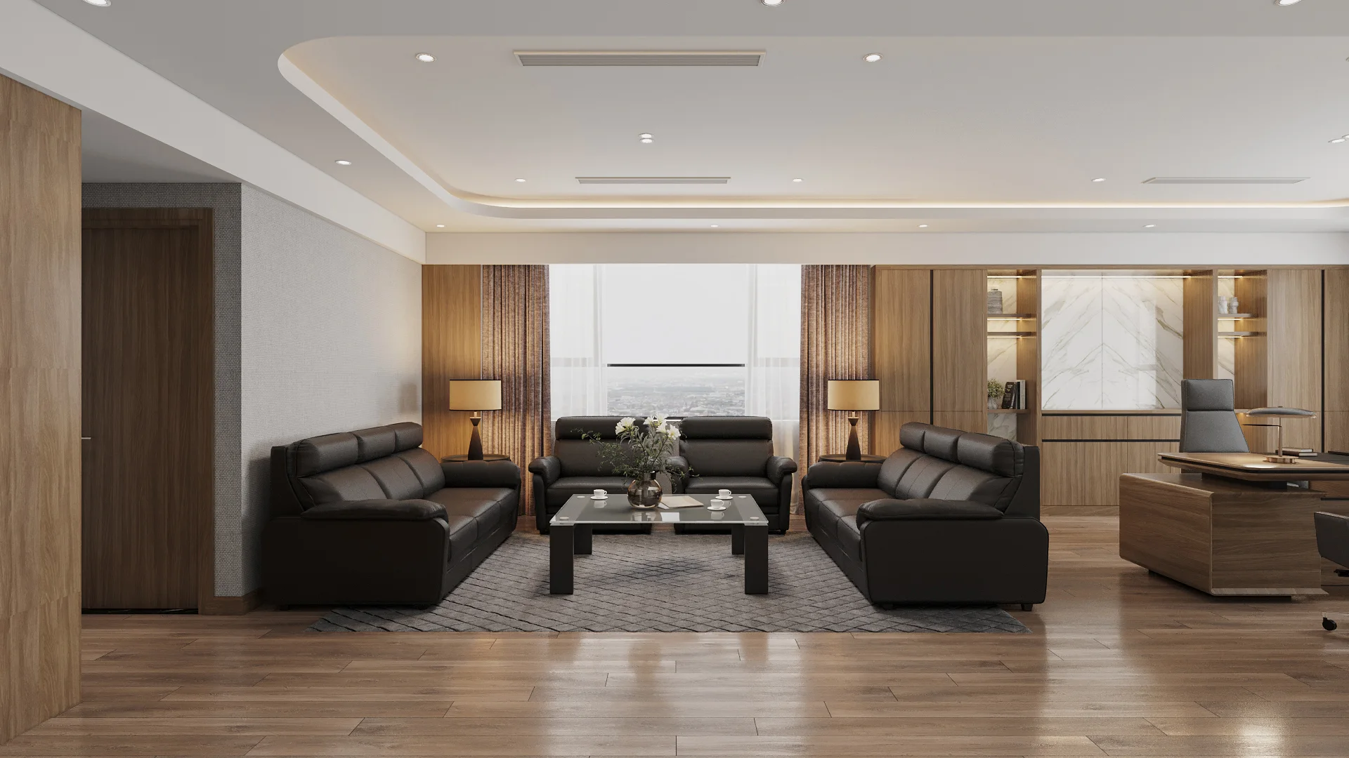 Sofa da đen ở trung tâm phòng